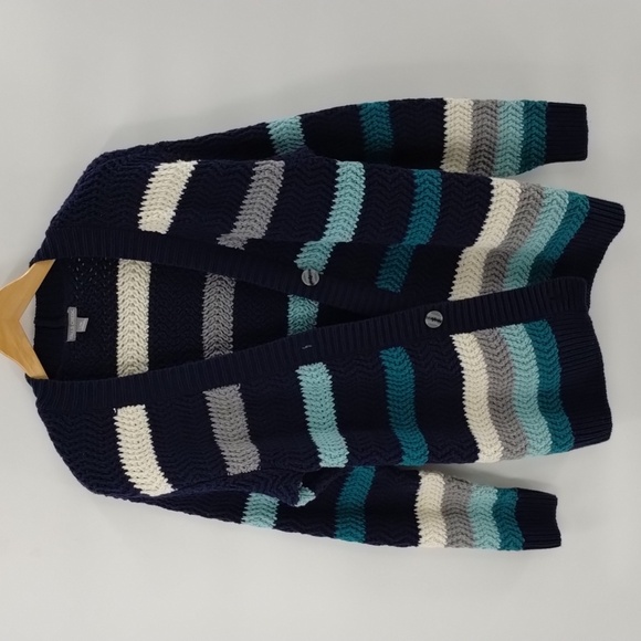 Falls Creek blue green color block stripe button cardigan sweater large XL - Picture 1 of 9